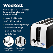 Load image into Gallery viewer, WeeKett Long Slot 4 Slice Toaster, Black Stainless Steel Toaster with Extra Wide Slots - ETA Nov 20th