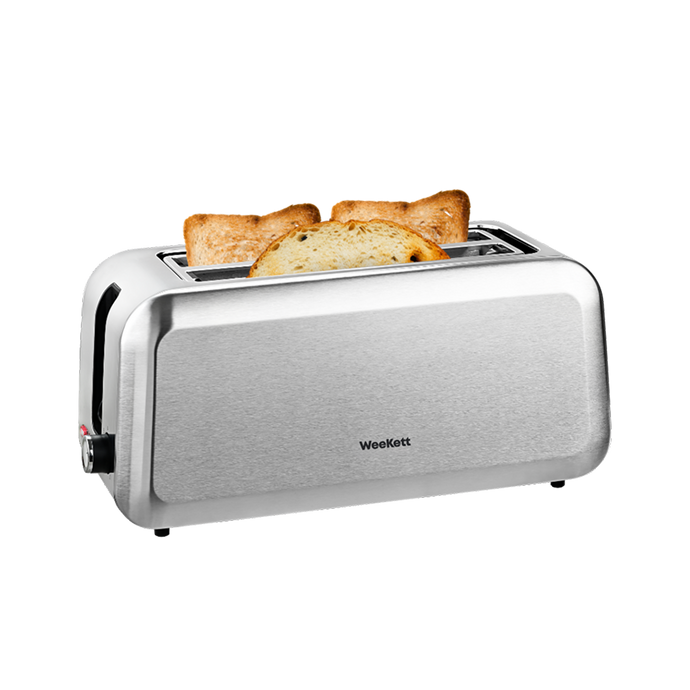WeeKett Long Slot 4 Slice Toaster, 1250-1450 Watt – Silver Stainless Steel Bread Toaster with Extra Wide Slots for Artisan Bread, Crumpets & Bagels